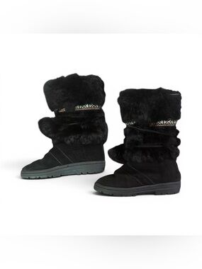 Minnetonka Carson Mukluk black suede & rabbit fur trim winter mukluk Boots 6